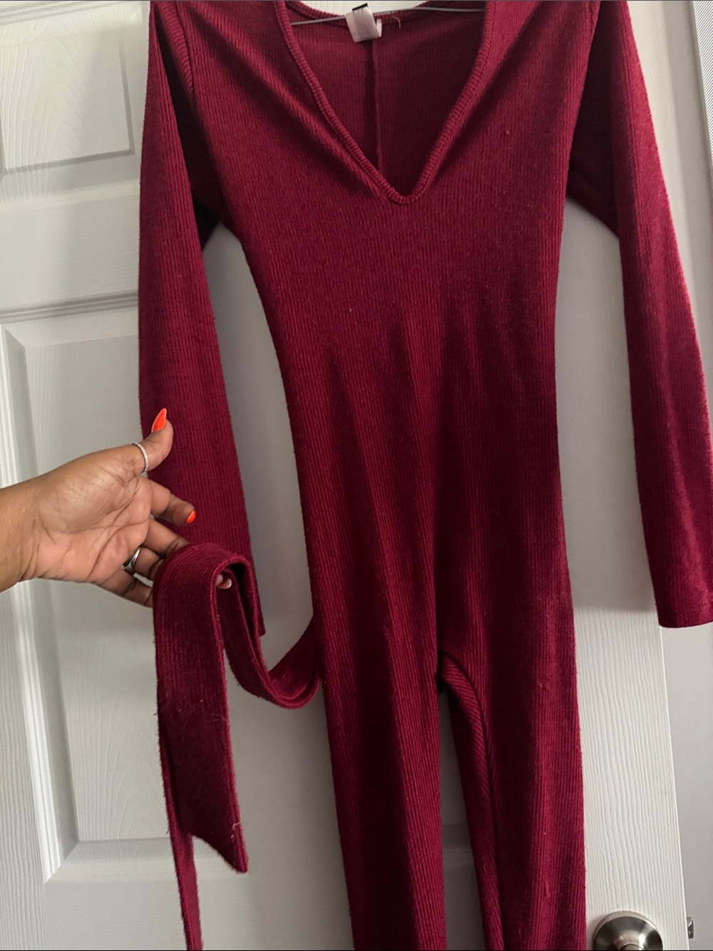 Deep Red Ribbed V-Neck Jumpsuit - Picture 3 of 3